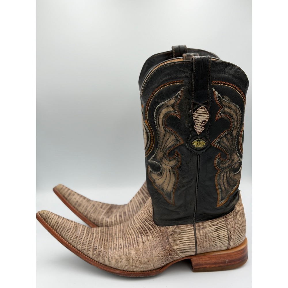 Los Altos Mens Black Tan Western Cowboy Boots Genuine Teju Lizard Snip Toe 12 EE - Picture 1 of 7